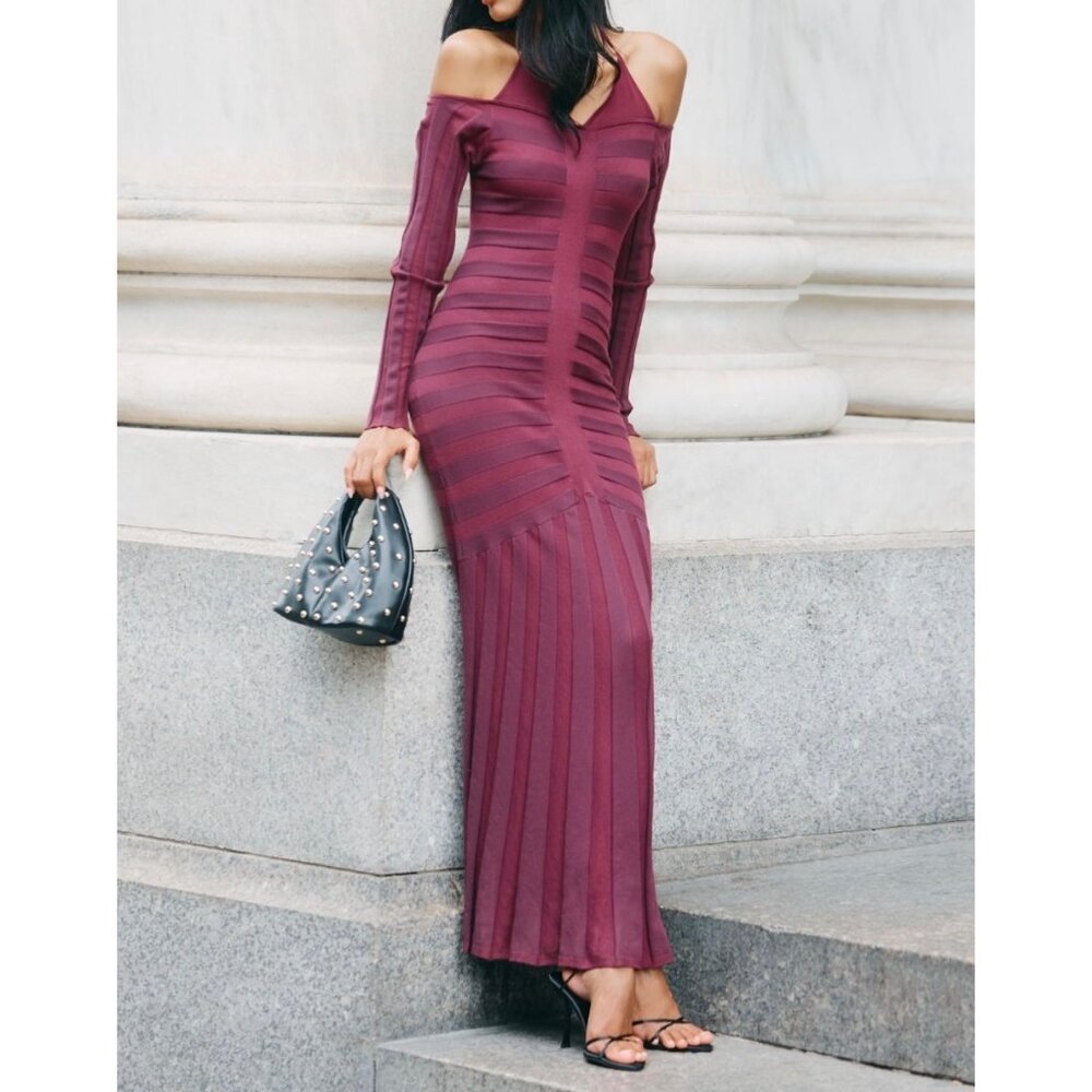 Anthropologie Cold-Shoulder Knit Maxi Dress Size M In Wine